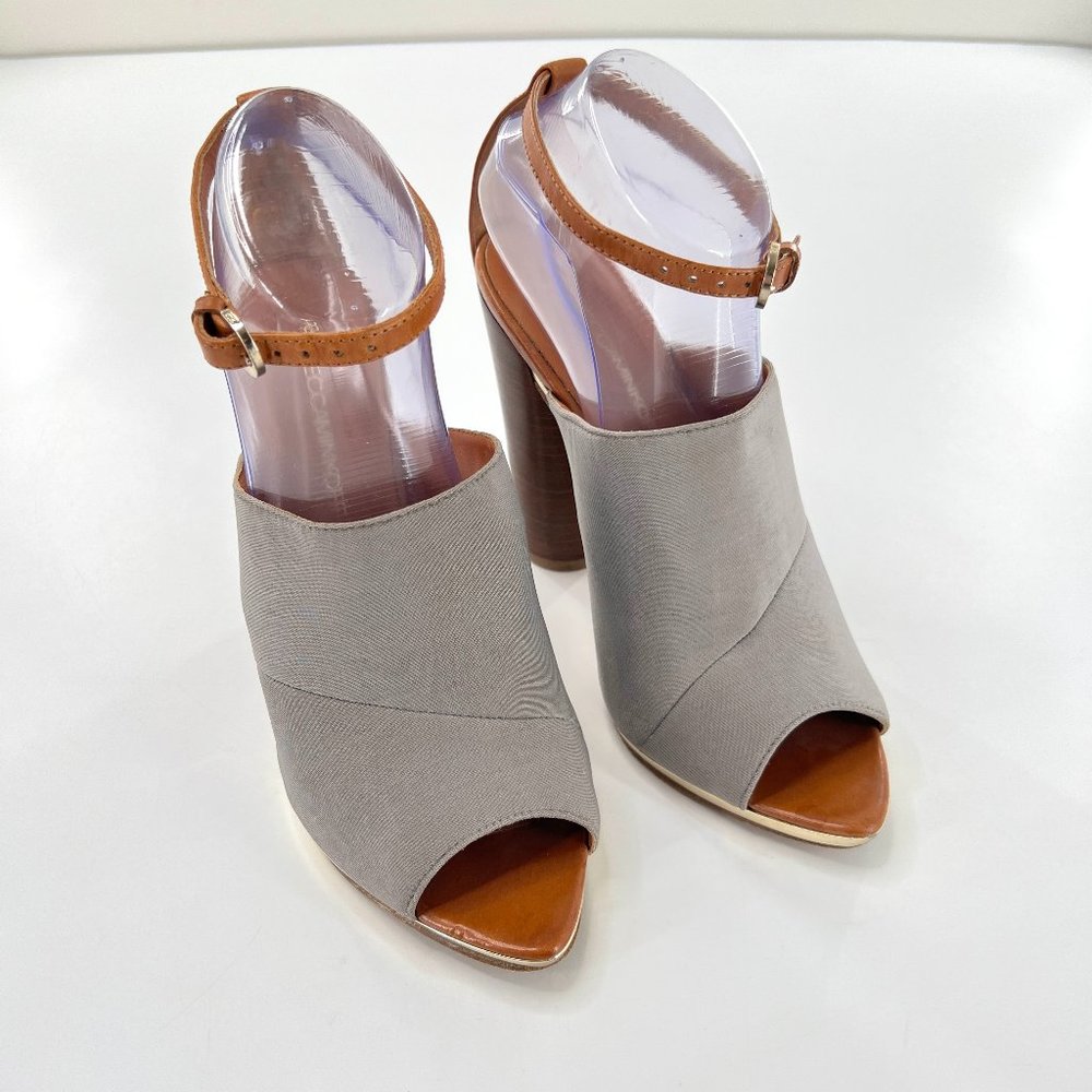Rebecca Minkoff Ragini Heels Womens 6 Gray Brown Gold Lined Peep Toe Ankle Strap